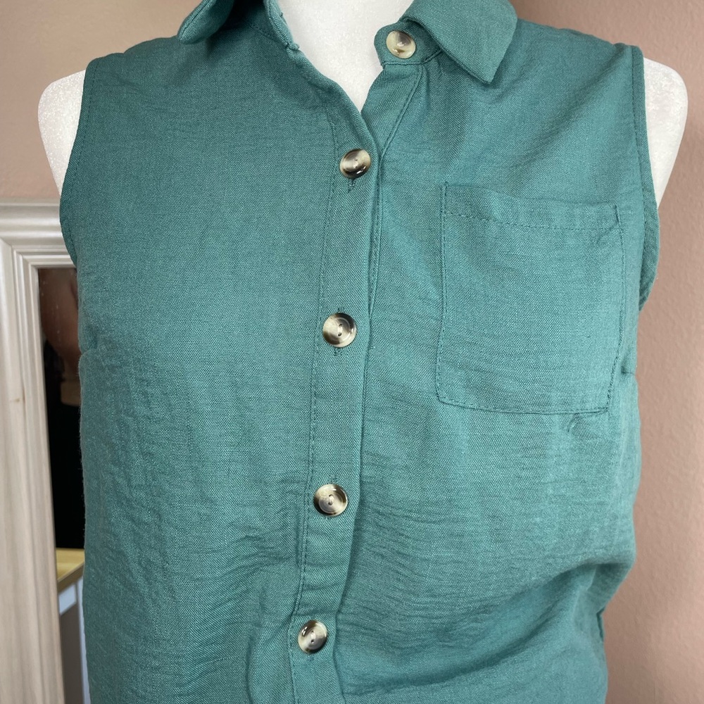 Coastal Grandma Button Up Tank‎ Teal Minimalist Beachy Linen Look M